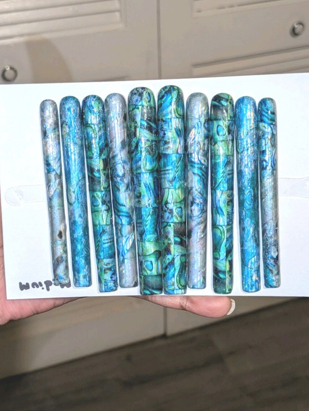 Hand Crafted 6Xl Acrylic Teal and Blue Marble Long Press-On Nails Sz Medium